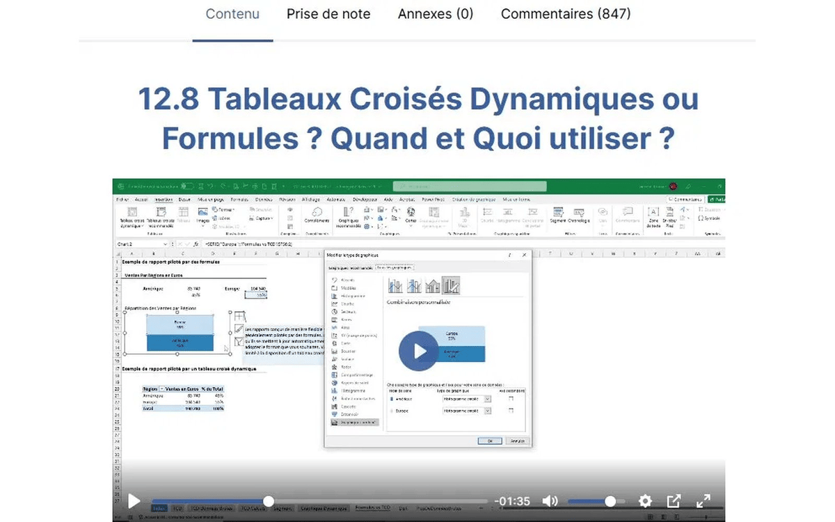 Aperçu réel d’une leçon Excel dans la plateforme La Métamorphose